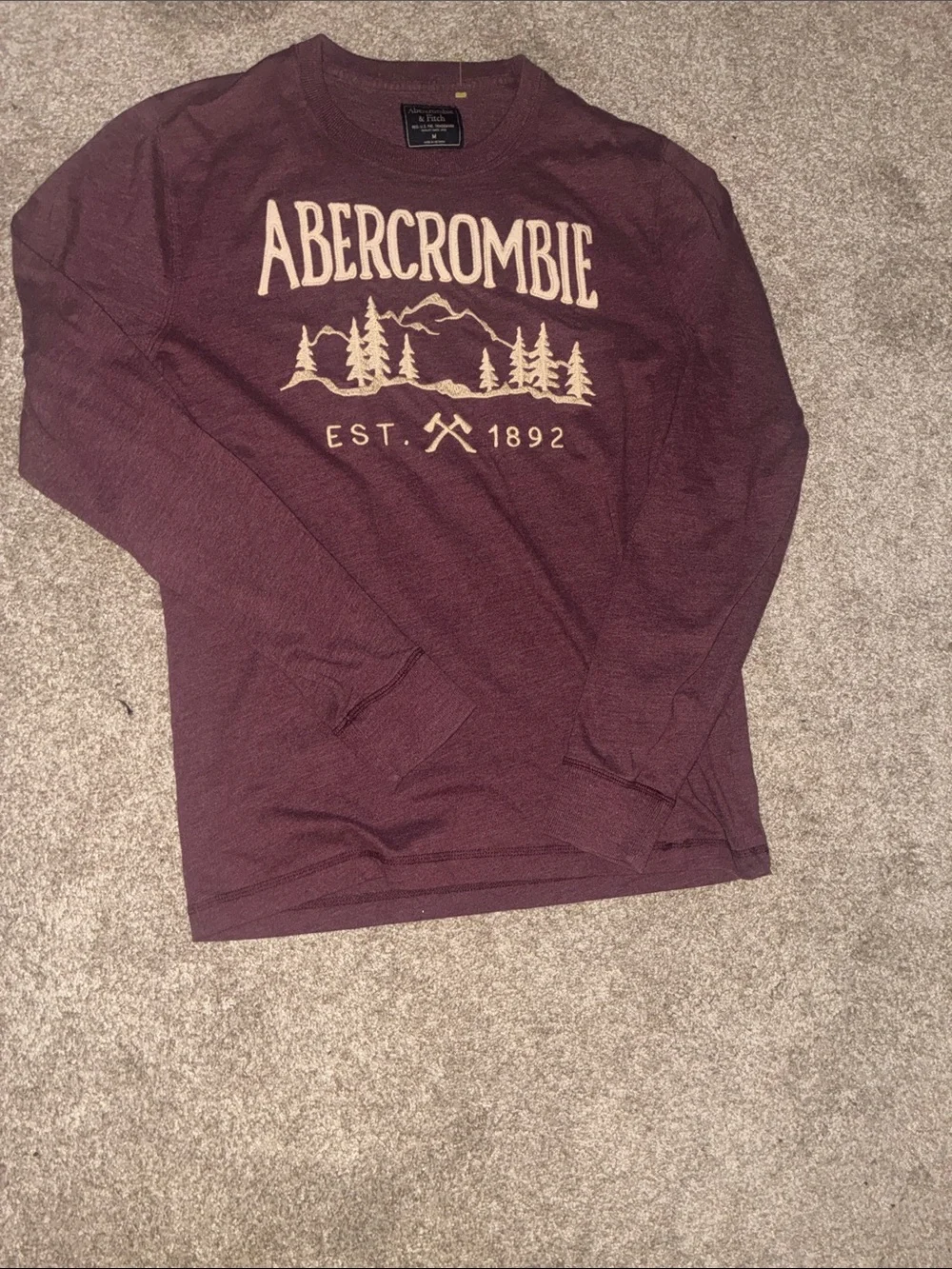 Abercrombie & Fitch Men's Burgundy Crewneck with Cream Logo Graphic